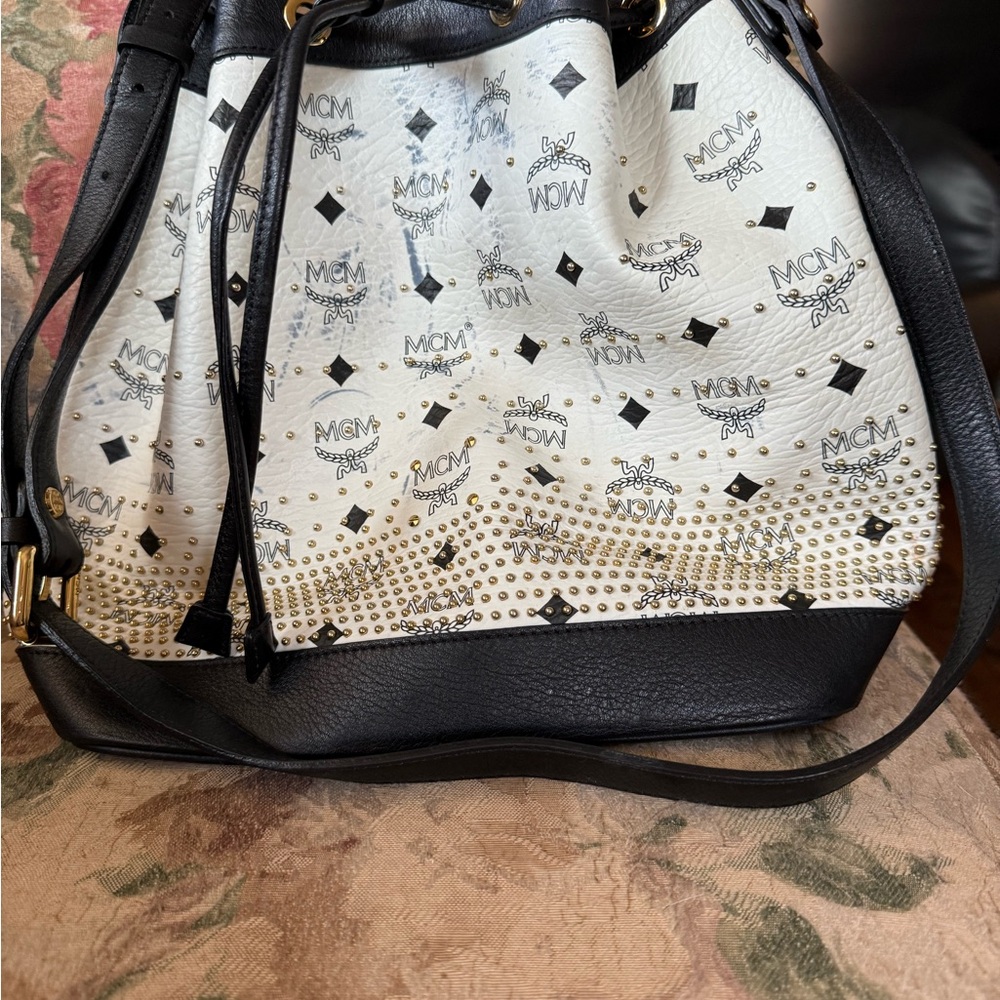 MCM Black and Cream Studded Shoulder Bag